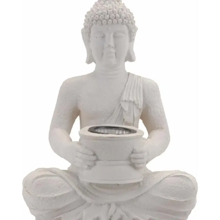 Tuindecoratie-Merkloos Boeddha beeldje - Solar lamp - wit - polystone tuindecoratie - 28 cm