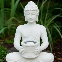 Tuindecoratie-Merkloos Boeddha beeldje - Solar lamp - wit - polystone tuindecoratie - 28 cm
