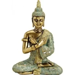 Tuindecoratie-Merkloos Boeddha beeldje - zittend - goud/groen - tuin en woondecoratie - 33 cm