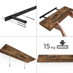 Wandplanken-ACAZA Boeken Plank van 120 cm lang, industrieel design, vintage bruin