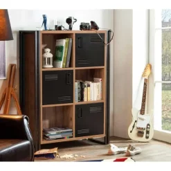 Boekenkasten|Boekenkasten-Emob Boekenkast Sapphire - 89x35x127cm - 3 deuren - zwart metaal/eikdecor
