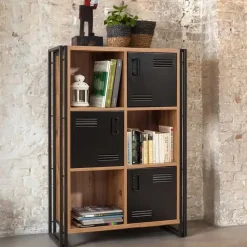 Boekenkasten|Boekenkasten-Emob Boekenkast Sapphire - 89x35x127cm - 3 deuren - zwart metaal/eikdecor