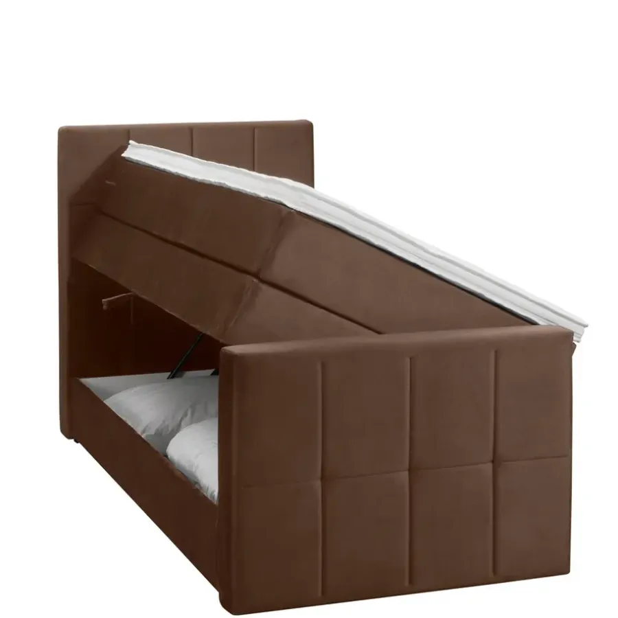1-Persoons Boxsprings-Leen Bakker Boxspring met opbergruimte en voetbord Liv geblokt - bruin - 90x200cm