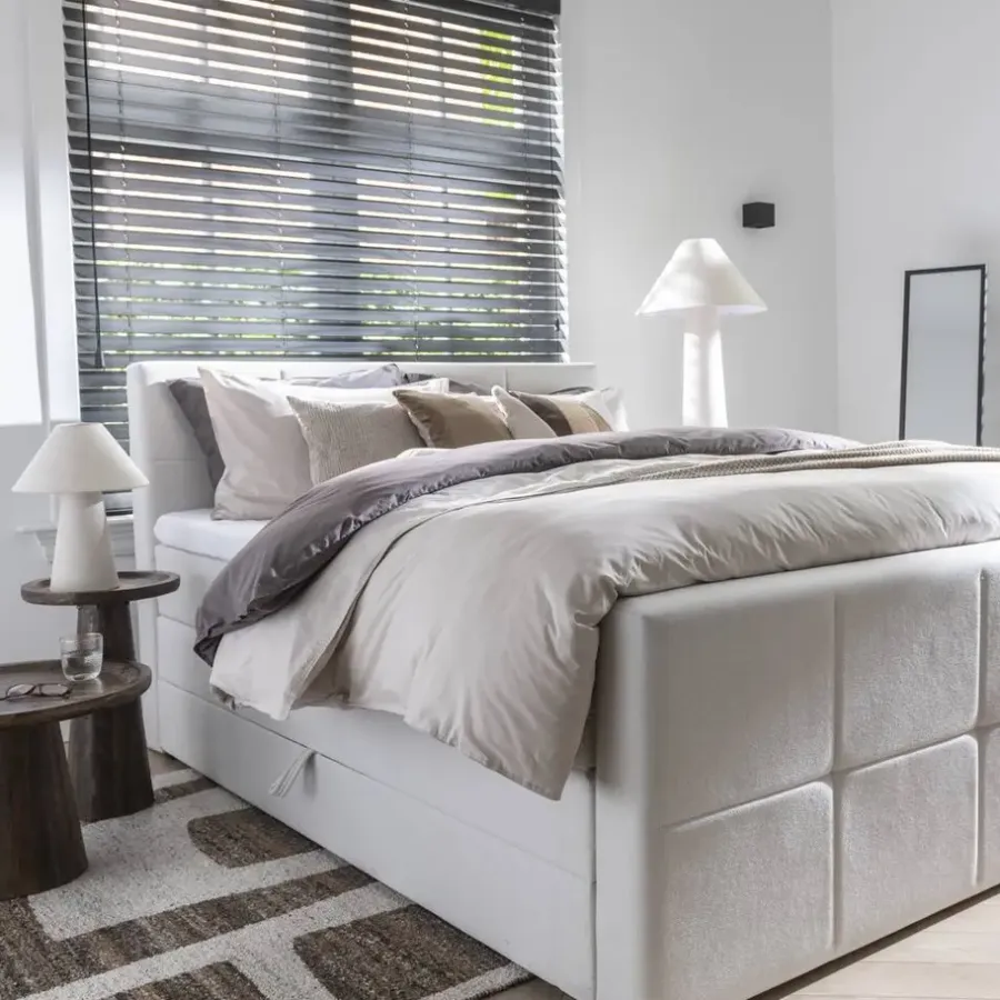 2-Persoons Boxsprings-Leen Bakker Boxspring met opbergruimte en voetbord Liv geblokt - ecru - 140x200cm