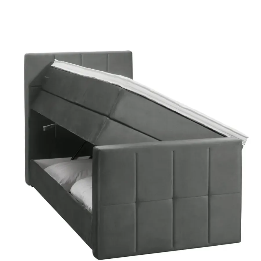 1-Persoons Boxsprings-Leen Bakker Boxspring met opbergruimte en voetbord Liv geblokt - grijs - 90x200cm