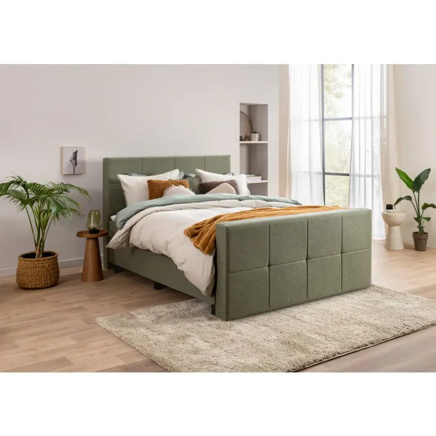 1-Persoons Boxsprings-Leen Bakker Boxspring met voetbord Liv geblokt - groen - 120x200 cm - slanke poot