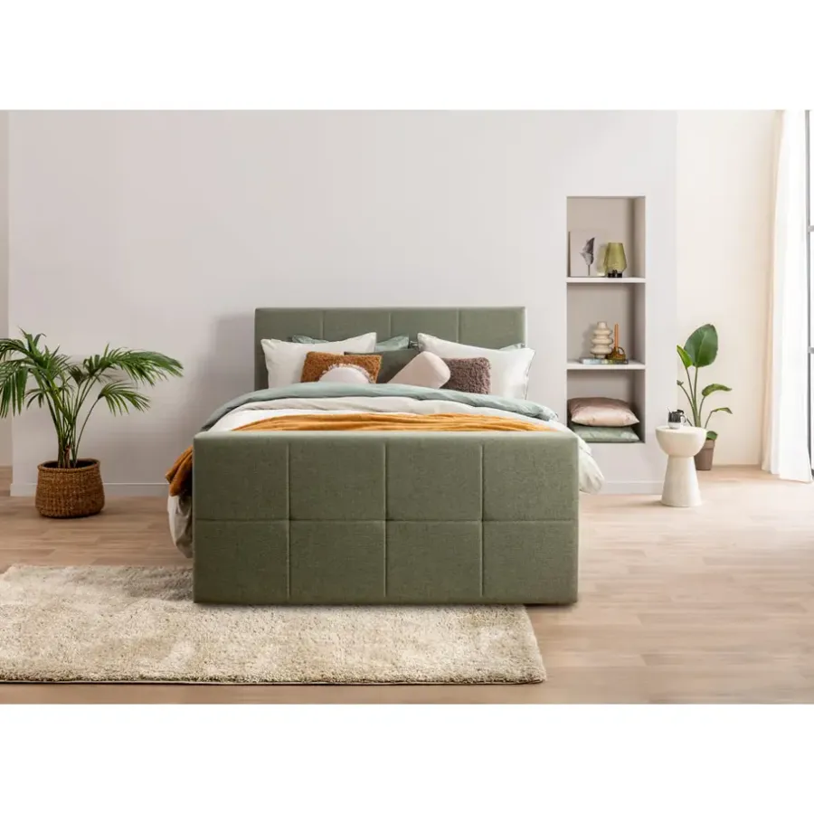 1-Persoons Boxsprings-Leen Bakker Boxspring met voetbord Liv geblokt - groen - 120x200 cm - slanke poot