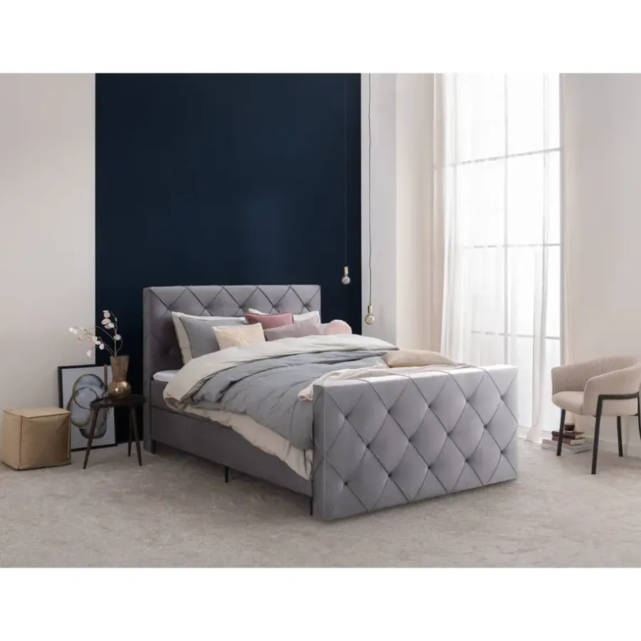 Leen Bakker Boxspring met voetbord Liv geruit - grijs - 120x200 cm - slanke poot