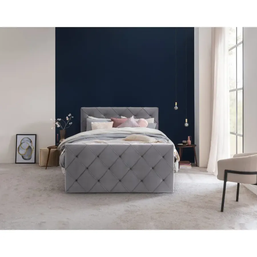 Leen Bakker Boxspring met voetbord Liv geruit - grijs - 120x200 cm - slanke poot