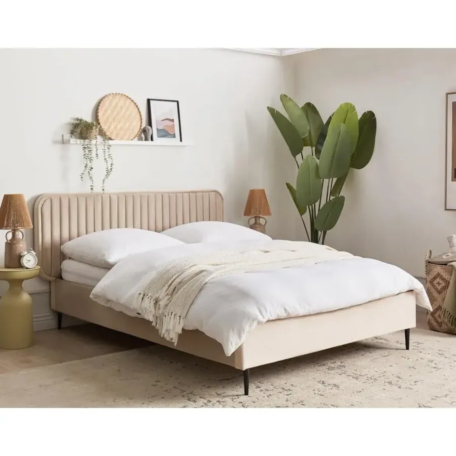Beliani BRIN - Tweepersoonsbed - Taupe - 140 x 200 cm - Fluweel