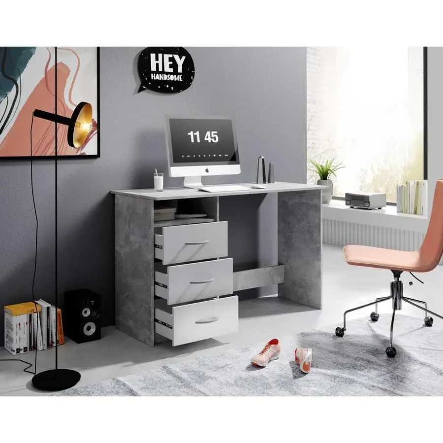 Emob Bureau Adriano 123cm met 3 lades - beton/wit
