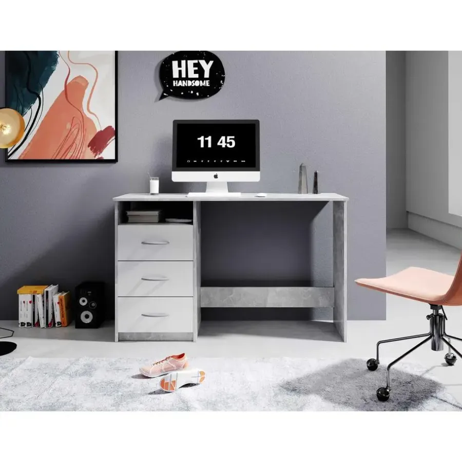Emob Bureau Adriano 123cm met 3 lades - beton/wit