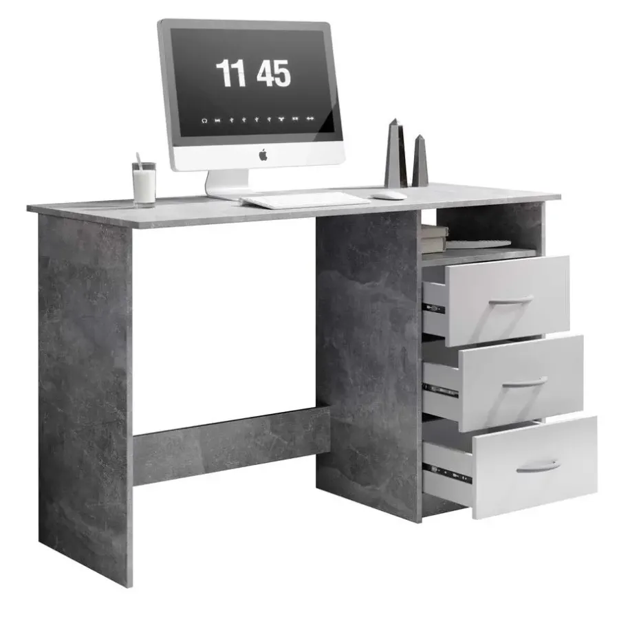 Emob Bureau Adriano 123cm met 3 lades - beton/wit