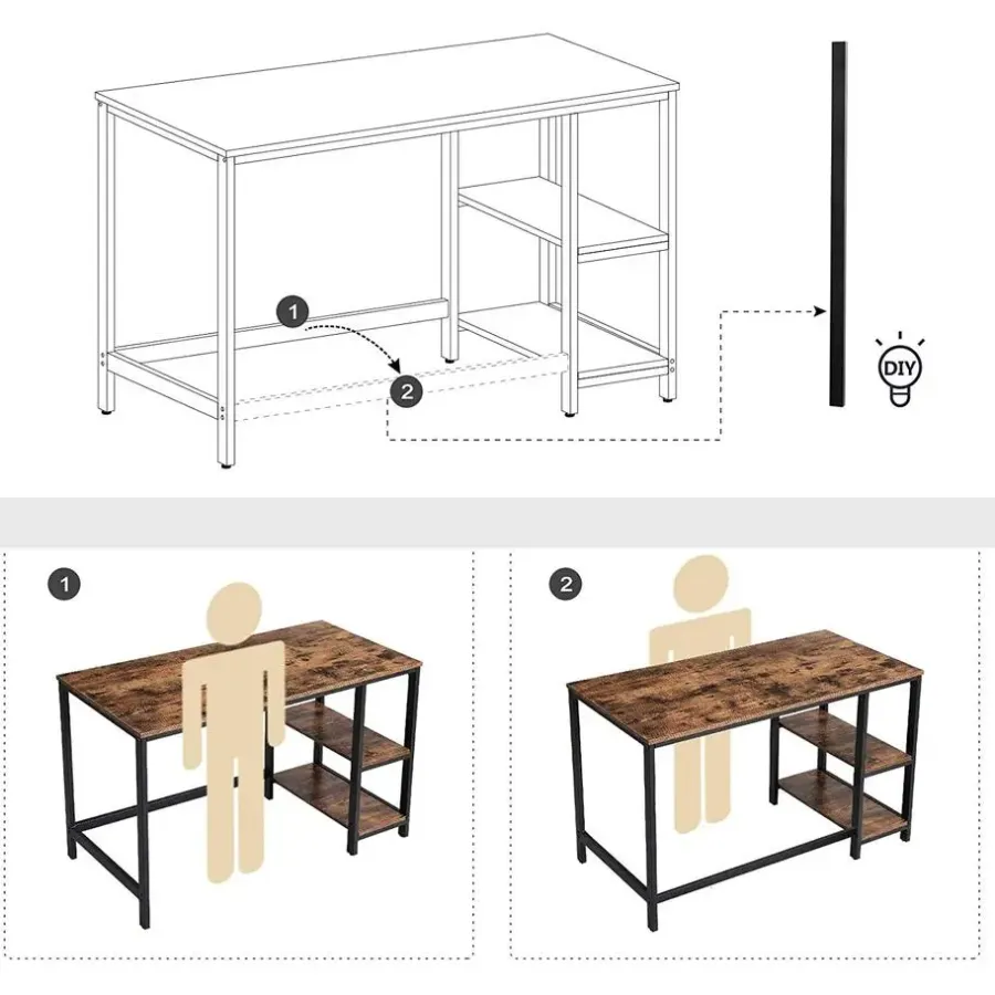 Bureaus-Vasagle Bureau Fabrice 120cm 2 legplanken - rustiek bruin/zwart