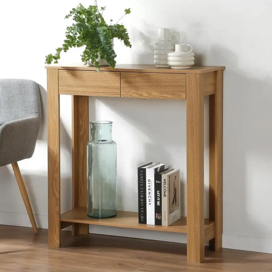 Sidetables-Calicosy - Hoge console met 2 lades in eiken decor - Licht hout - 29x79x86,5 cm