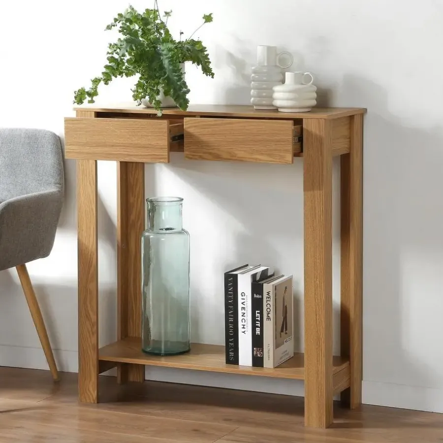 Sidetables-Calicosy - Hoge console met 2 lades in eiken decor - Licht hout - 29x79x86,5 cm