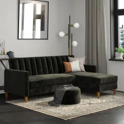 Slaapbanken|Slaapbanken-Dorel Home Celine - 3-zits hoekslaapbank in zwart fluweel