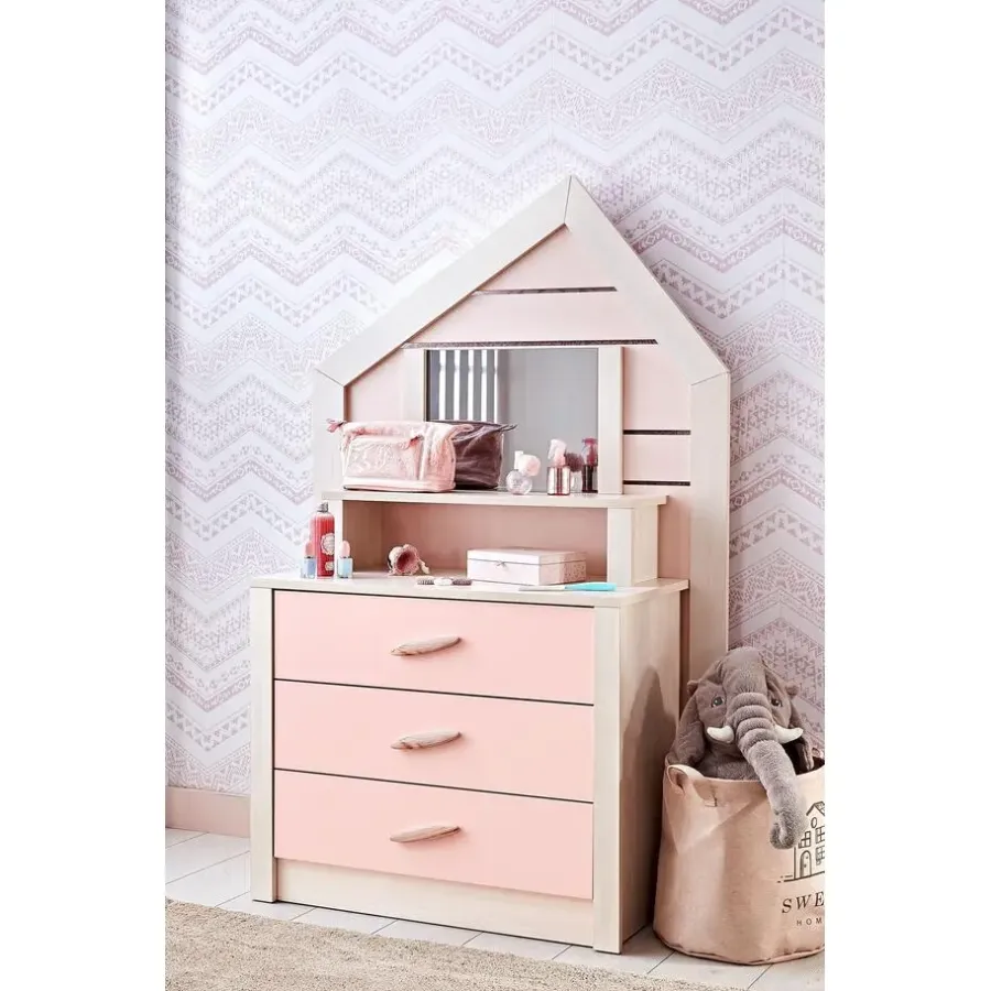 Leen Bakker Cento Pink commode ladekast huisje met spiegel meisjeskamer