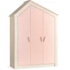Kinderkledingkasten-Leen Bakker Cento Pink 3-deurs kledingkast huisje meisjeskamer