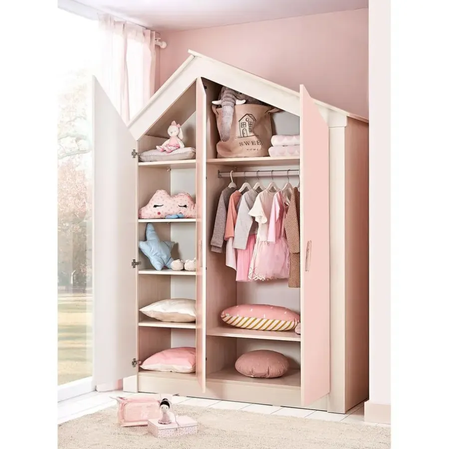 Kinderkledingkasten-Leen Bakker Cento Pink 3-deurs kledingkast huisje meisjeskamer