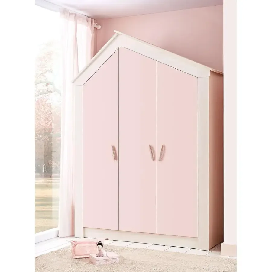 Kinderkledingkasten-Leen Bakker Cento Pink 3-deurs kledingkast huisje meisjeskamer