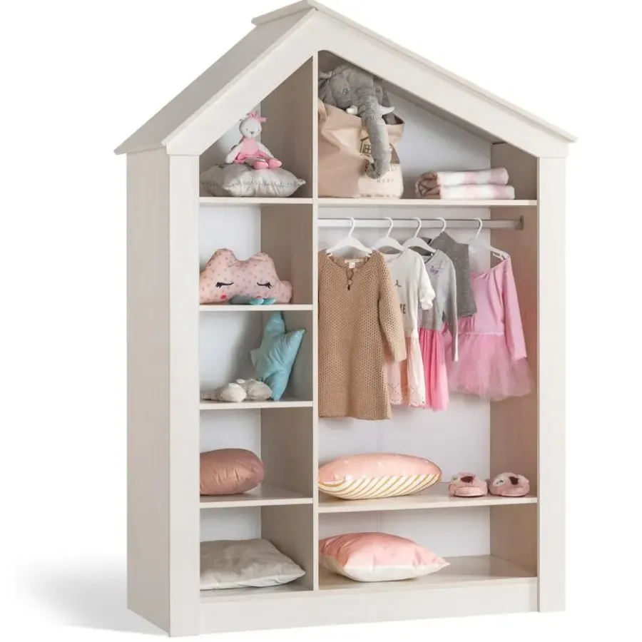 Kinderkledingkasten-Leen Bakker Cento Pink 3-deurs kledingkast huisje meisjeskamer