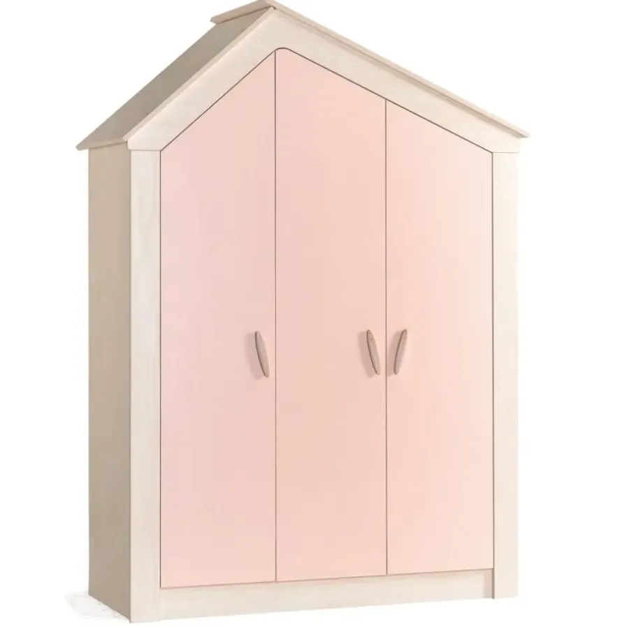 Kinderkledingkasten-Leen Bakker Cento Pink 3-deurs kledingkast huisje meisjeskamer
