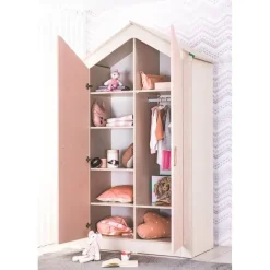 Kinderkledingkasten-Leen Bakker Cento Pink 2-deurs kledingkast huisje meisjeskamer