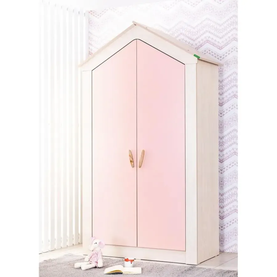 Kinderkledingkasten-Leen Bakker Cento Pink 2-deurs kledingkast huisje meisjeskamer