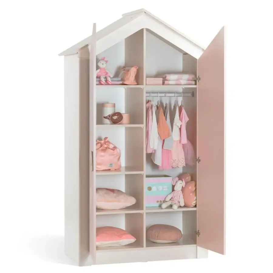 Kinderkledingkasten-Leen Bakker Cento Pink 2-deurs kledingkast huisje meisjeskamer
