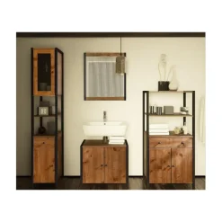 Hoge Kasten-Loft24 Chris - Kast 1 glazen deur, 1 spaanplaatdeur in eiken/zwart