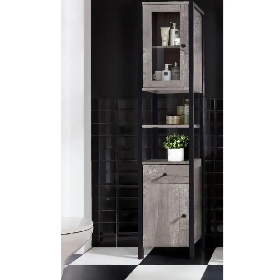 Loft24 Chris - Kast 1 glazen deur, 1 deur, 1 lade in betonnen spaanplaat