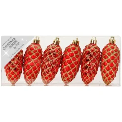 Inge-glas Christmas goods Kersthangers - 6x - dennenappels - rood - 9 cm