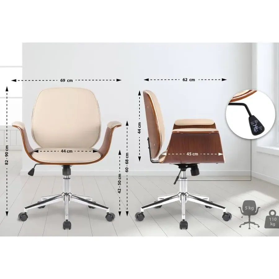 Bureaustoelen|Bureaustoelen-CLP Bureaustoel Kemberg chroom Frame - Hout - walnoot/creme