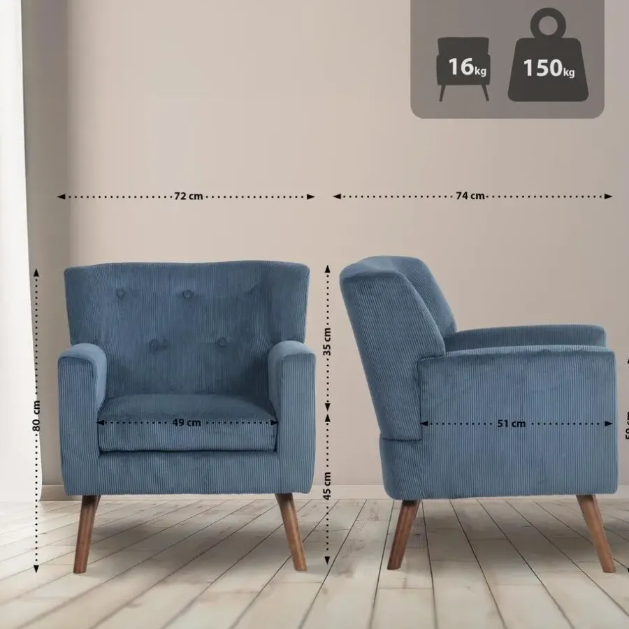 Fauteuils-CLP Fauteuil Kioni bruin Frame - Ribstof - blauw
