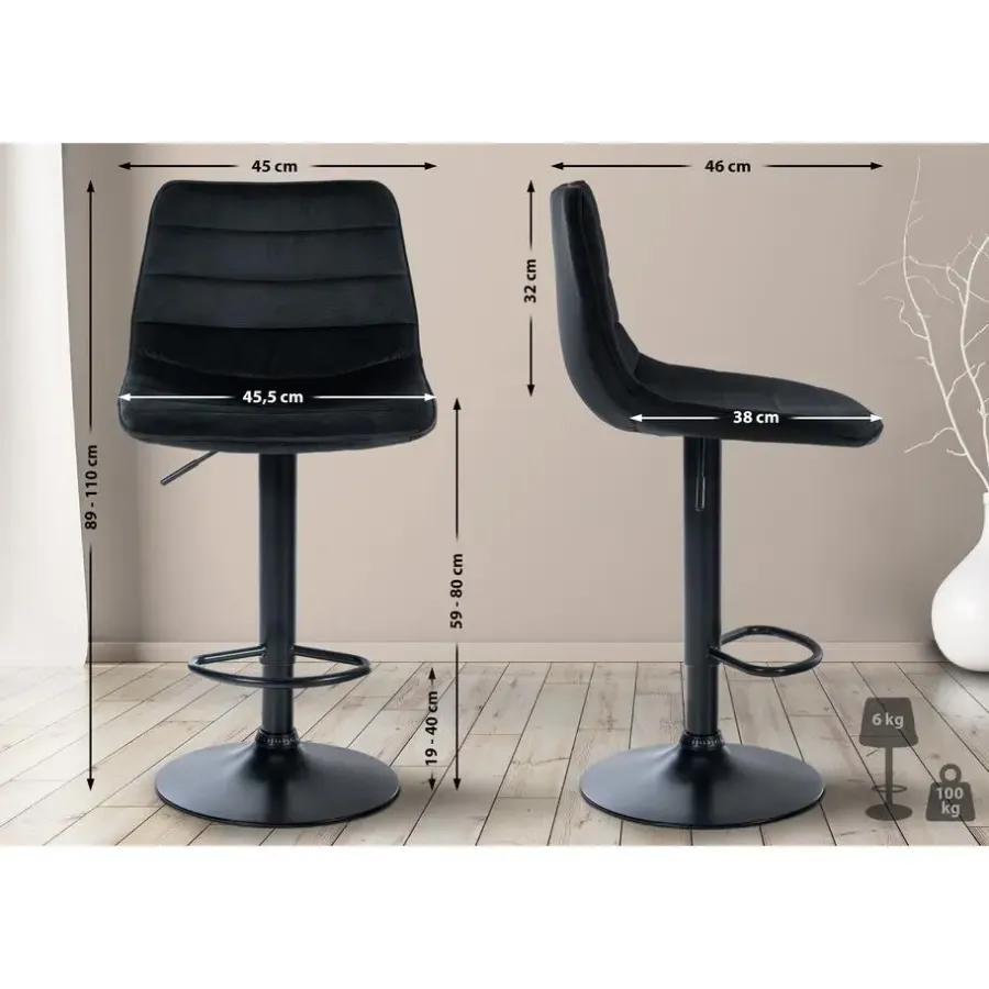 CLP Set van 2 Barkruk Lex mat zwart Frame - Fluweel - zwart