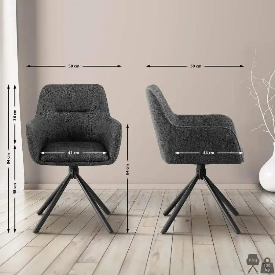 Eetkamerstoelen-CLP Set van 2 Eetkamerstoel Tipton zwart Frame - Stof - donkergrijs
