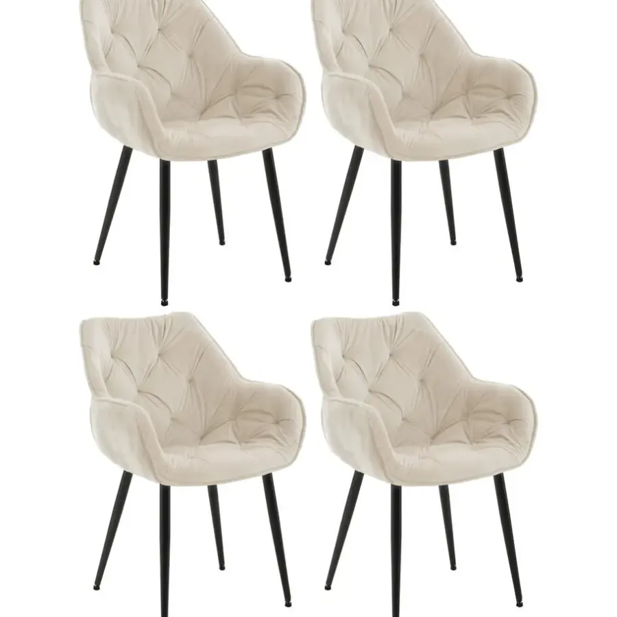 Eetkamerstoelen-CLP Set van 4 Eetkamerstoel Tanna zwart Frame - Fluweel - creme