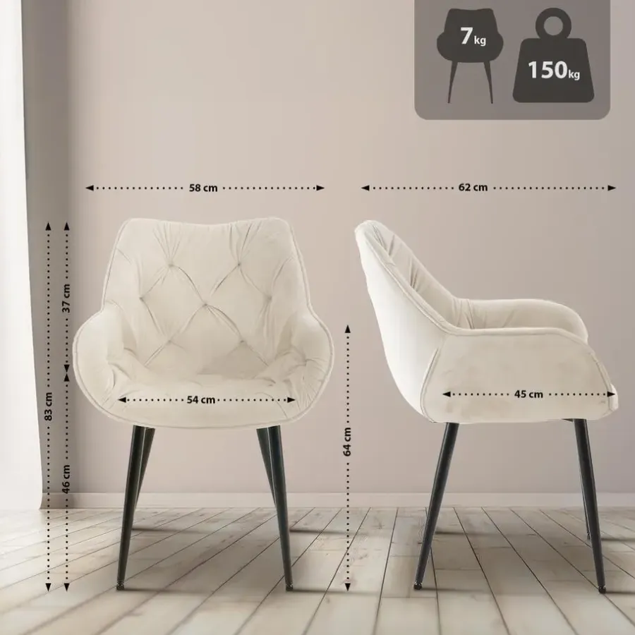 Eetkamerstoelen-CLP Set van 4 Eetkamerstoel Tanna zwart Frame - Fluweel - creme