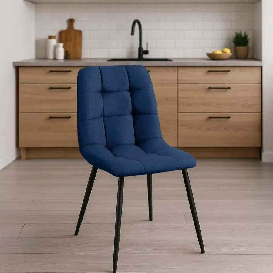 Eetkamerstoelen-CLP Set van 4 Eetkamerstoel Antibes zwart Frame - Stof - blauw