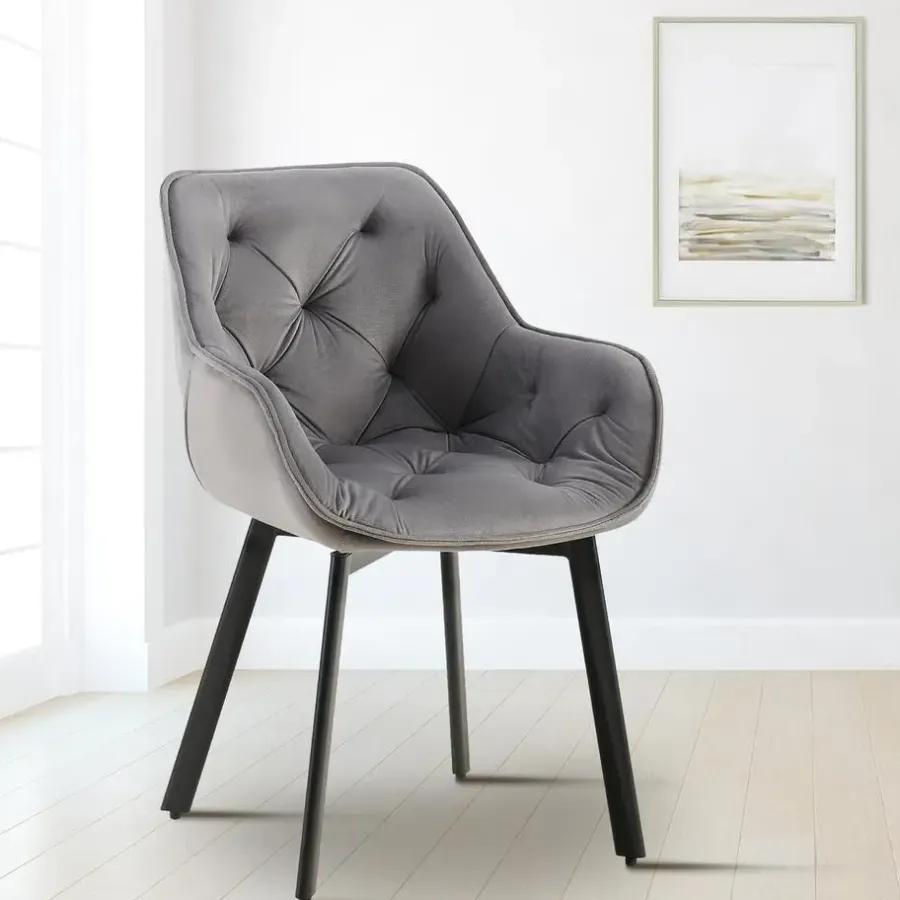 Eetkamerstoelen-CLP Set van 2 Eetkamerstoel Antigo zwart Frame - Fluweel - donkergrijs