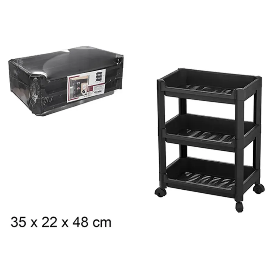 CM keukentrolley - op wieltjes - 3 laags - zwart - kunststof