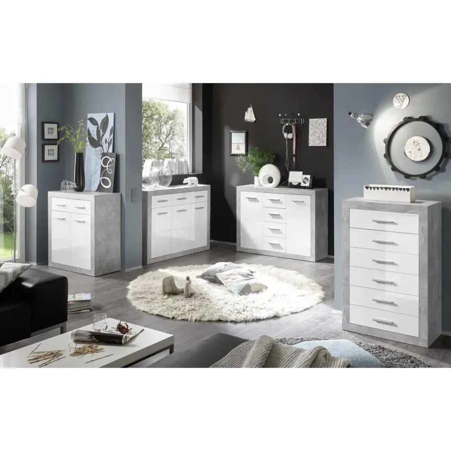Ladekasten|Ladekasten-Emob Commode Inga 82 cm met 2 deuren & 2 lades - beton/wit