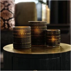 Kandelaars En Windlichten-Countryfield theelichthouder/kaarsenhouder - zwart/goud - H8 cm
