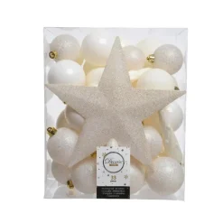 Kerstdecoratie-Decoris kerstballen - 34-dlg - wol wit - kunststof