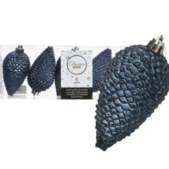 Kerstdecoratie-Decoris Kersthangers dennenappels - 6x - donkerblauw - 8 cm