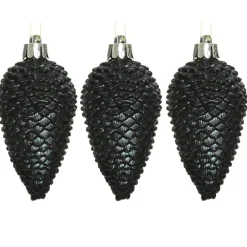 Decoris Kersthangers dennenappels - 6x - zwart - glitter - 8 cm