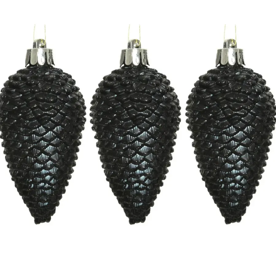 Decoris Kersthangers dennenappels - 6x - zwart - glitter - 8 cm