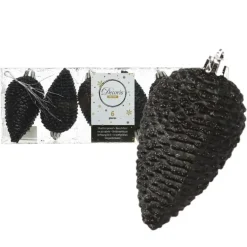 Decoris Kersthangers dennenappels - 6x - zwart - glitter - 8 cm
