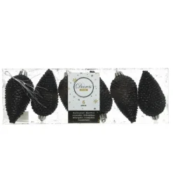 Decoris Kersthangers dennenappels - 6x - zwart - glitter - 8 cm
